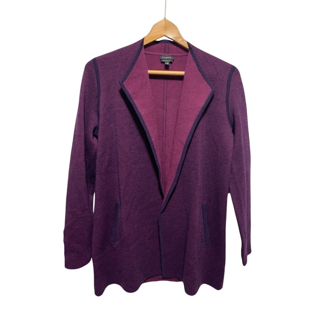 Talbots Artsy Cardigan Sweater Womens Small Purple Merino Wool Open Front